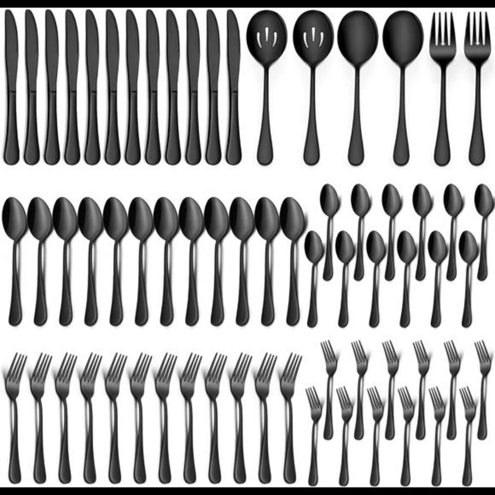 66-Piece Black Silverware Set with Serving Utensils, Stainless Steel Black